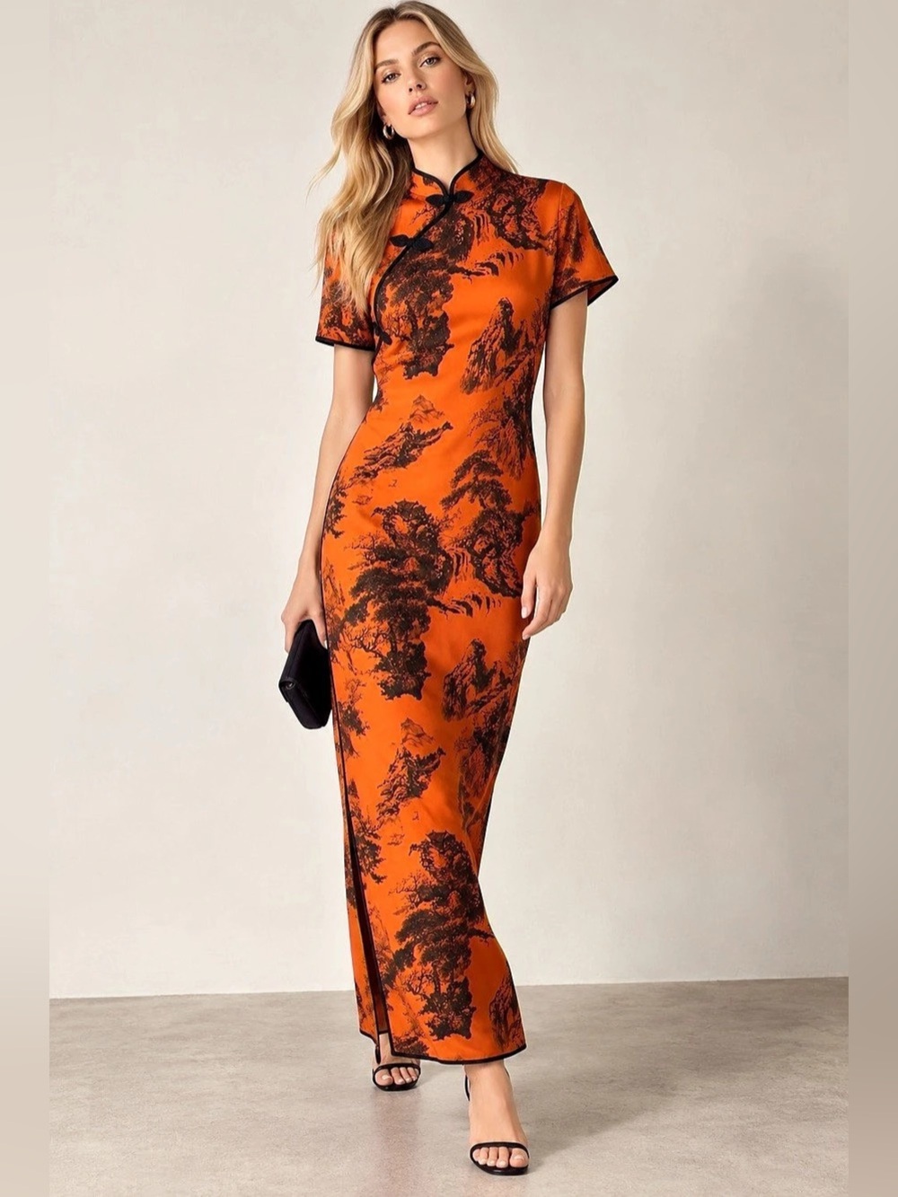 ZARA Accessories Orange Oriental Print Qipao Maxi Dress Size S